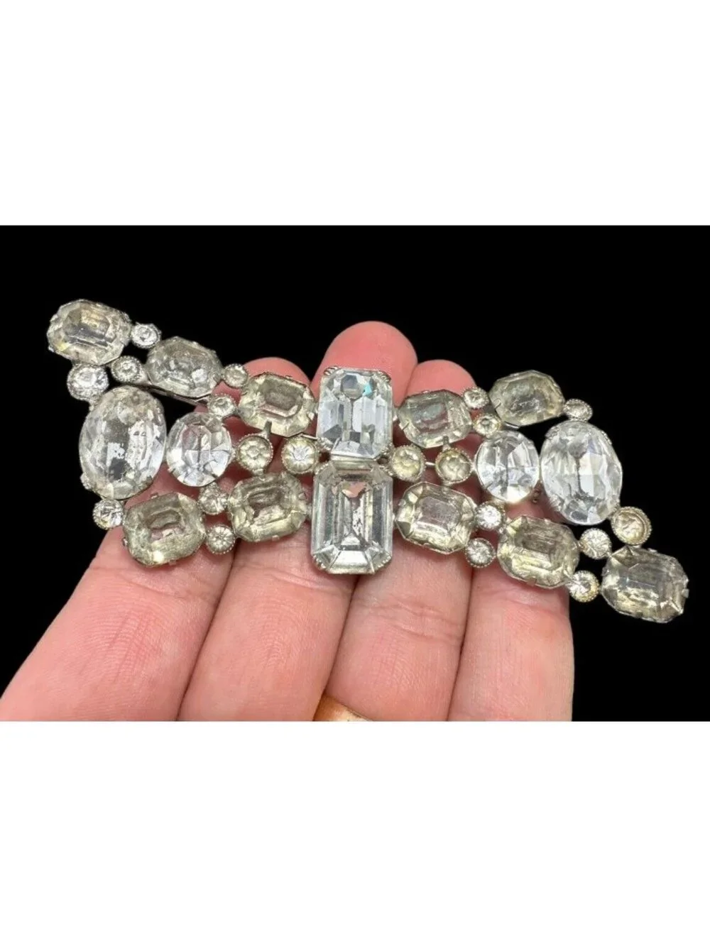 Vintage Paste Crystal Clear Rhinestone Brooch Pin Large Silver Tone